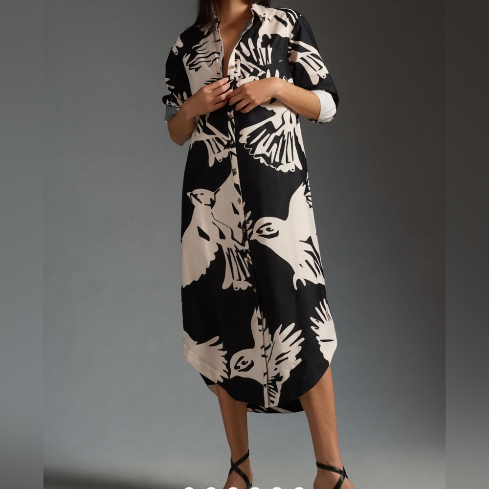 Maeve Black and Cream Bird-Print Midi Shirt Dress